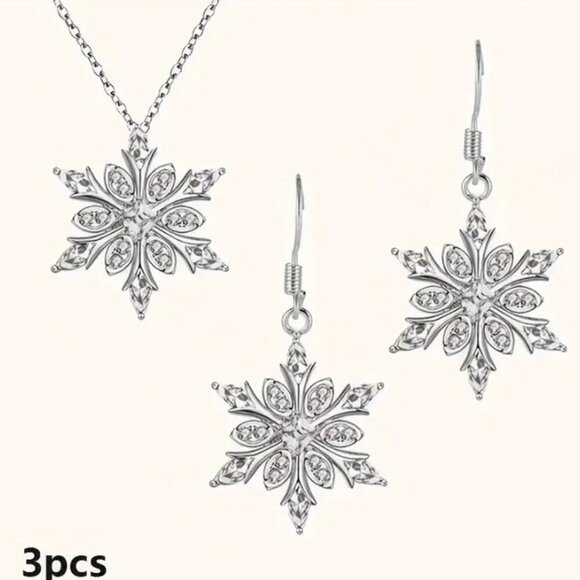 Snowflake Earring & Necklace Set Silver Faux Diamonds NWT - Picture 1 of 3